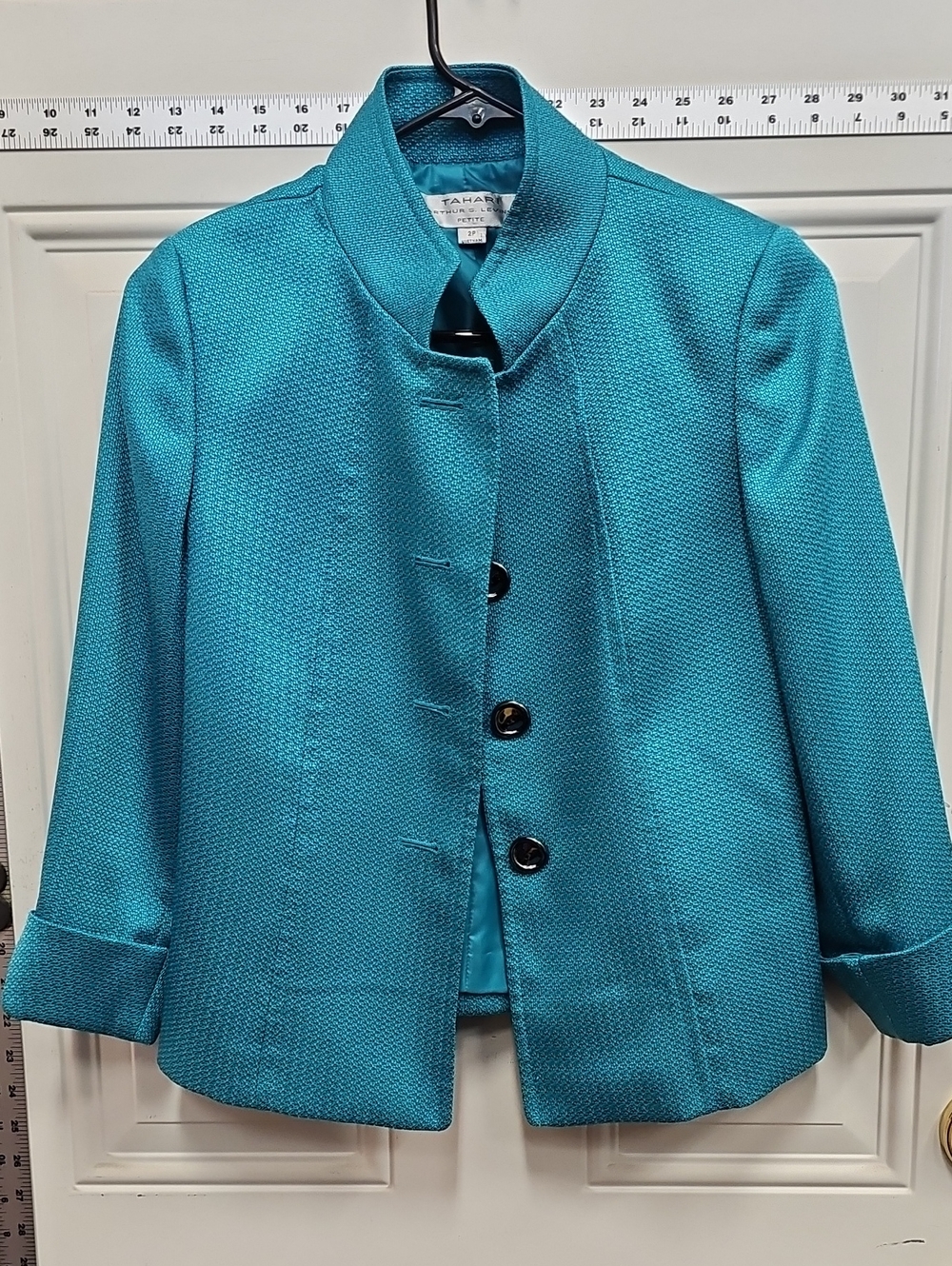 Tahari ASL Teal Textured Button-Front Stand-Collar Jacket